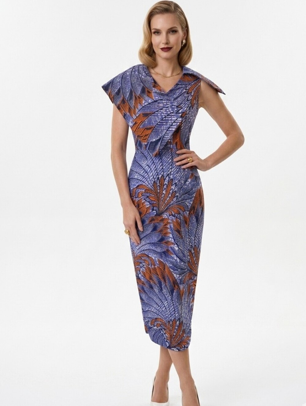 Vintage Architectural Feather Print Midi Dress 80s/90s Style Sheath S/M